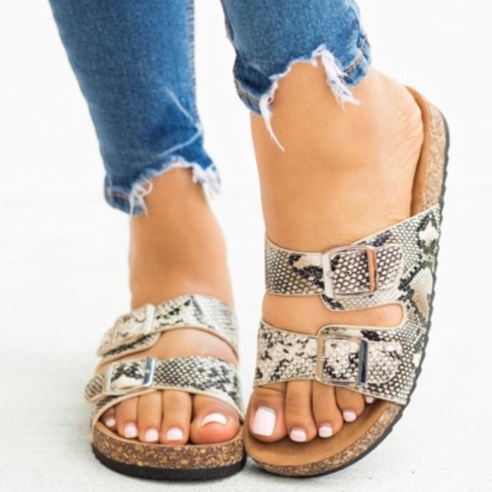 Beige Snake Buckled Cork Sandals